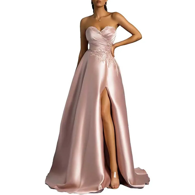 Off Shoulder Satin A-line Long Evening Dress High Split Lace-up Ball Gown