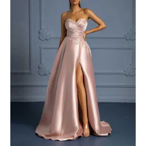 Off Shoulder Satin A-line Long Evening Dress High Split Lace-up Ball Gown