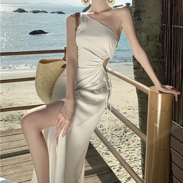 Off-Shoulder Sleeveless Slit Seaside Holiday Dress