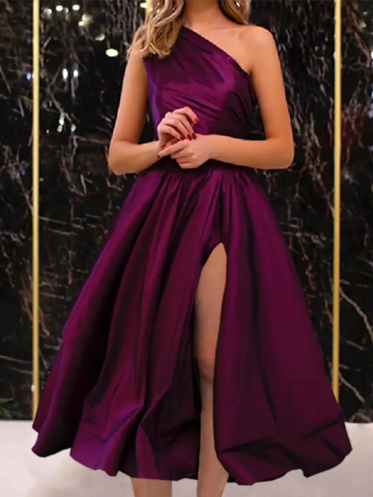 One Shoulder Black/Purple Satin Tea Length Prom Dresses, Black/Purple Homecoming Dresses, Short Black/Purple Formal Evening Dresses