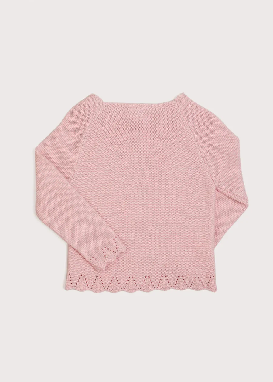 Openwork Hem Single Button Cardigan in Pink (6mths-10yrs)