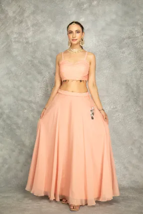 Peach Mirror Embroidered Cape W/Skirt And Crop Top Bustier