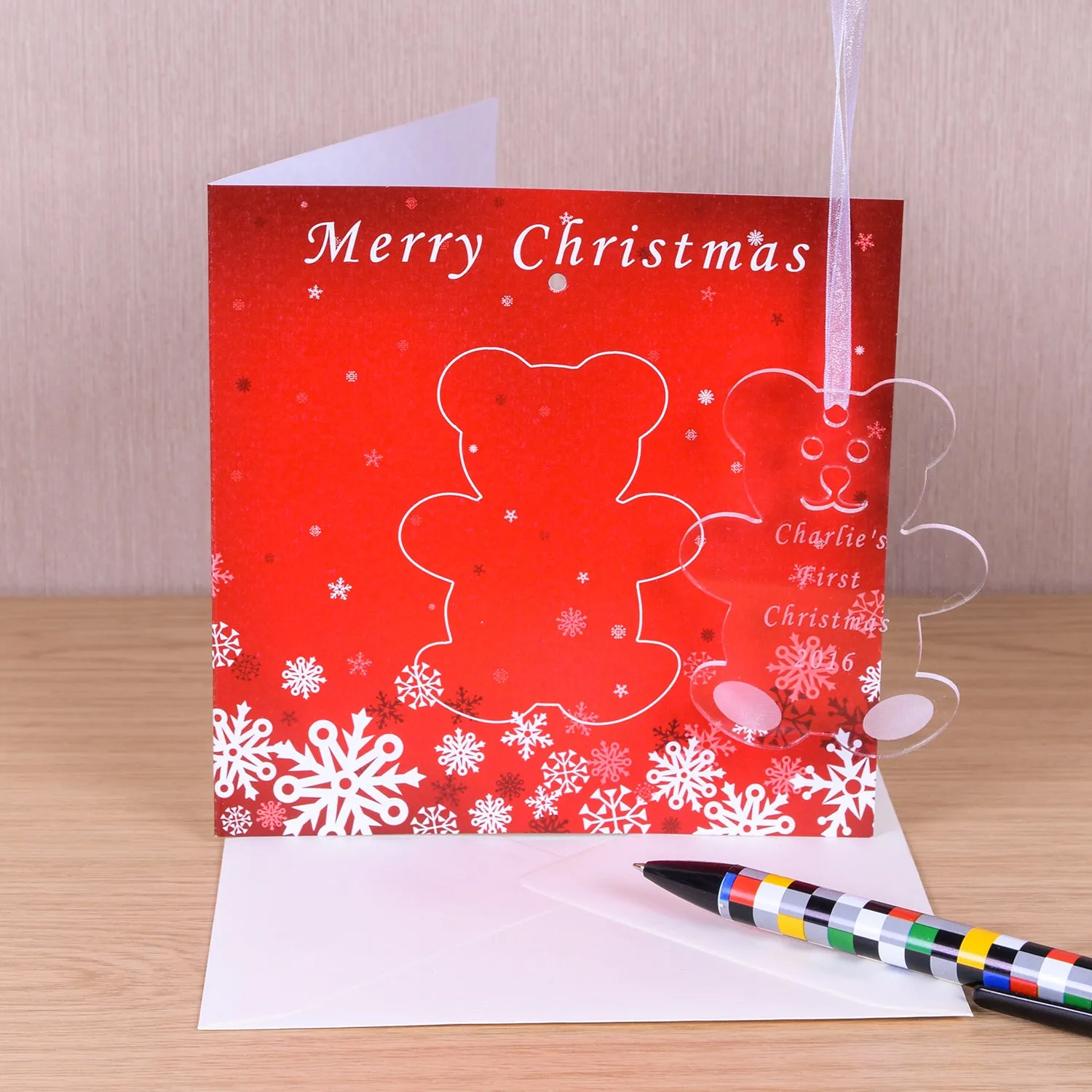 Personalised Christmas Card with Teddy Decoration