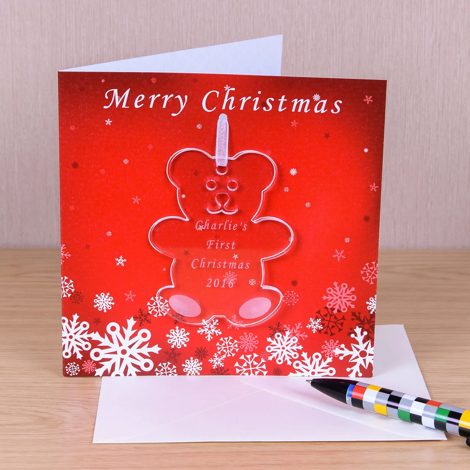 Personalised Christmas Card with Teddy Decoration