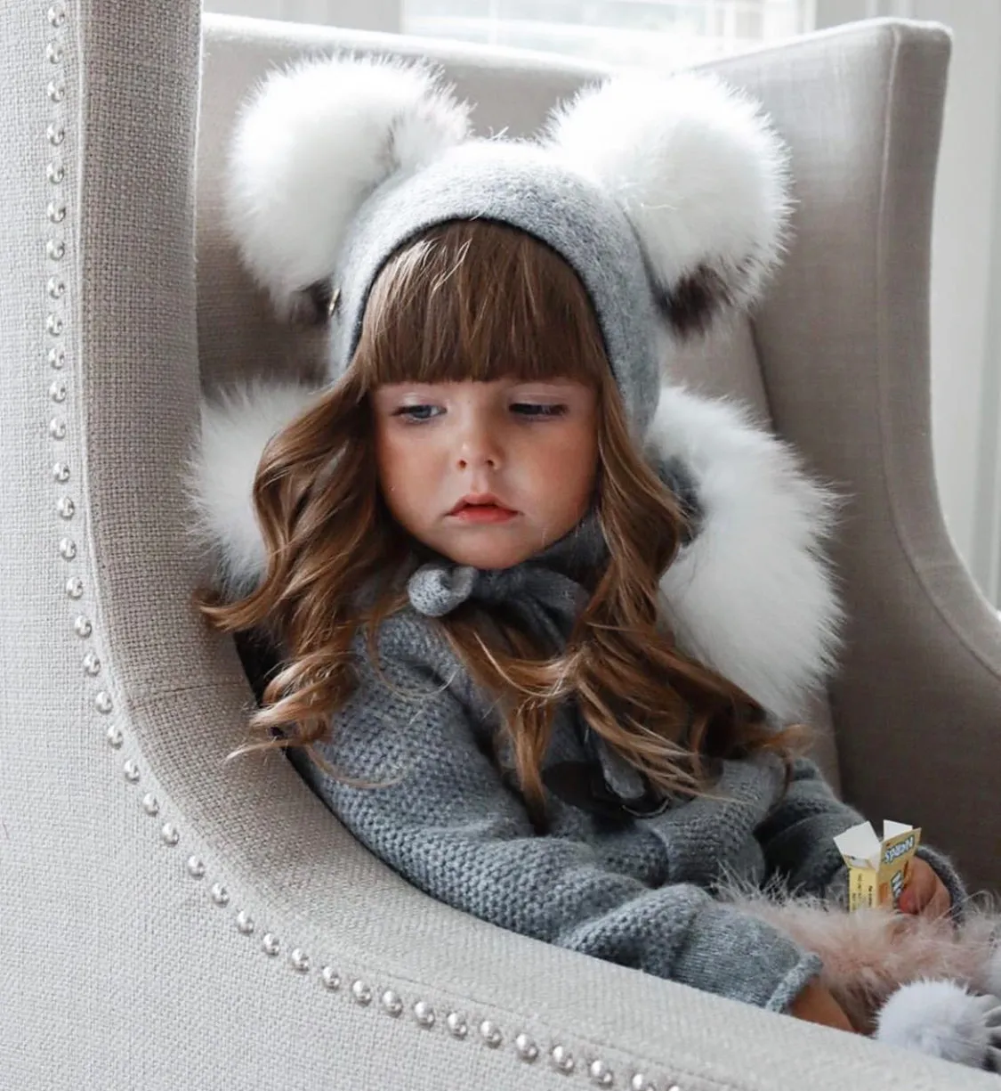 Petite Maison Kids Grey Honeycomb Cashmere Fur Bonnet