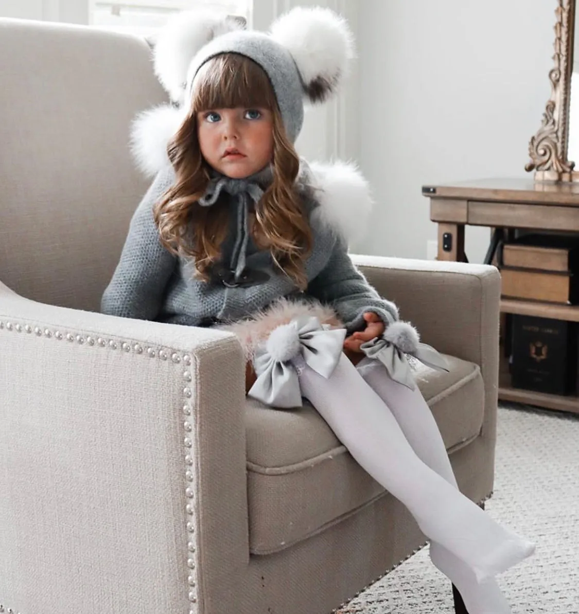 Petite Maison Kids Grey Honeycomb Cashmere Fur Bonnet