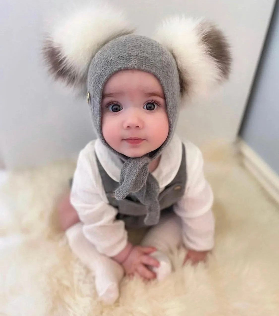 Petite Maison Kids Grey Honeycomb Cashmere Fur Bonnet