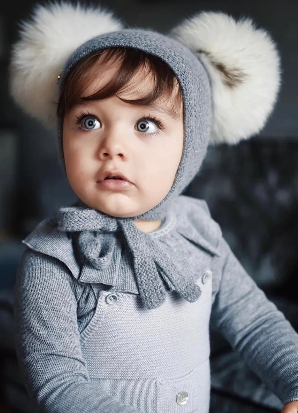 Petite Maison Kids Grey Honeycomb Cashmere Fur Bonnet