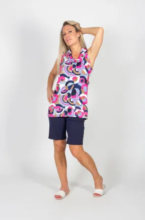 Pink and Navy Circles Pattern Sleeveless Tunic