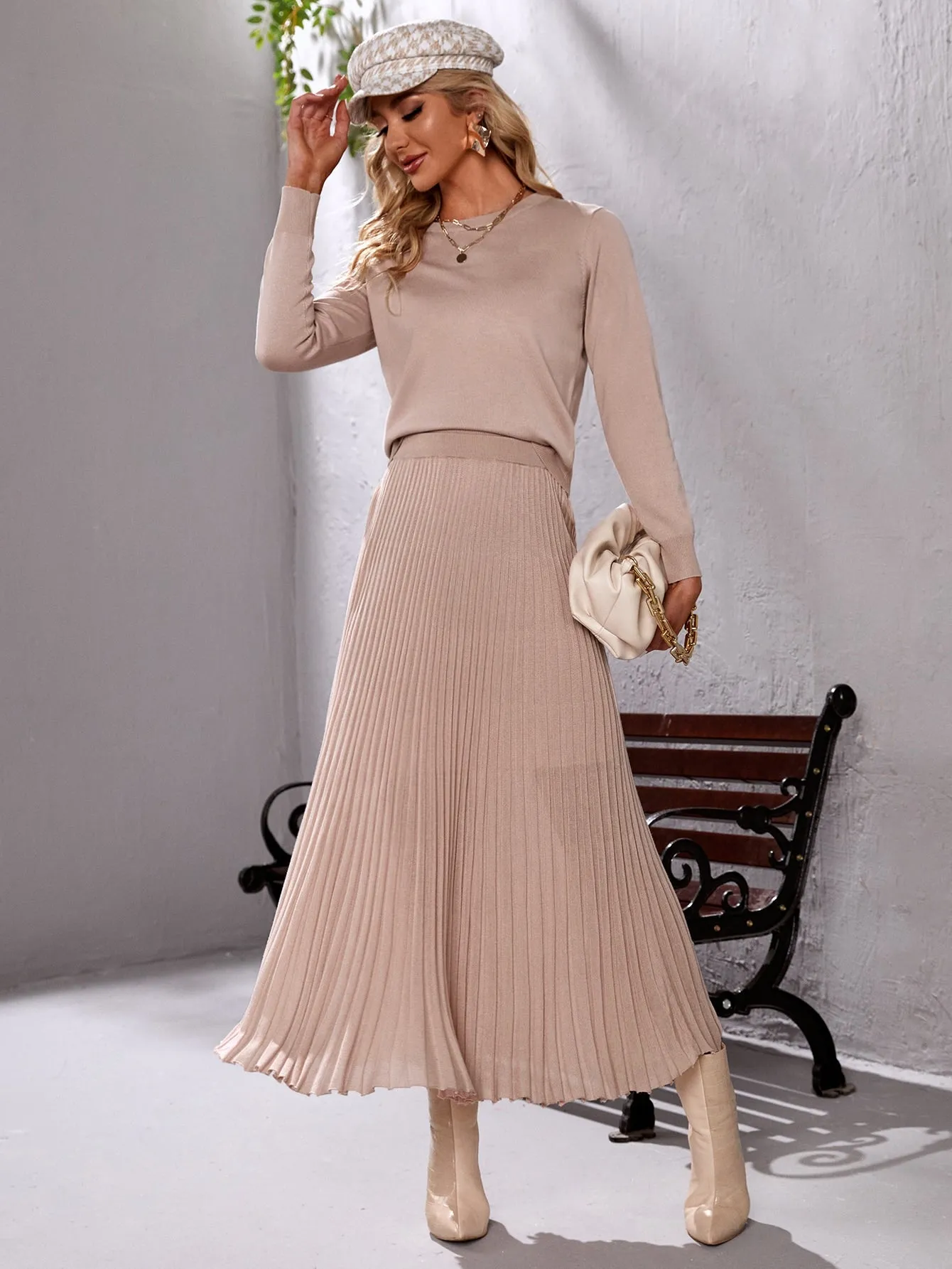 Plain Pleated High Waist Maxi Women Sweater Skirt