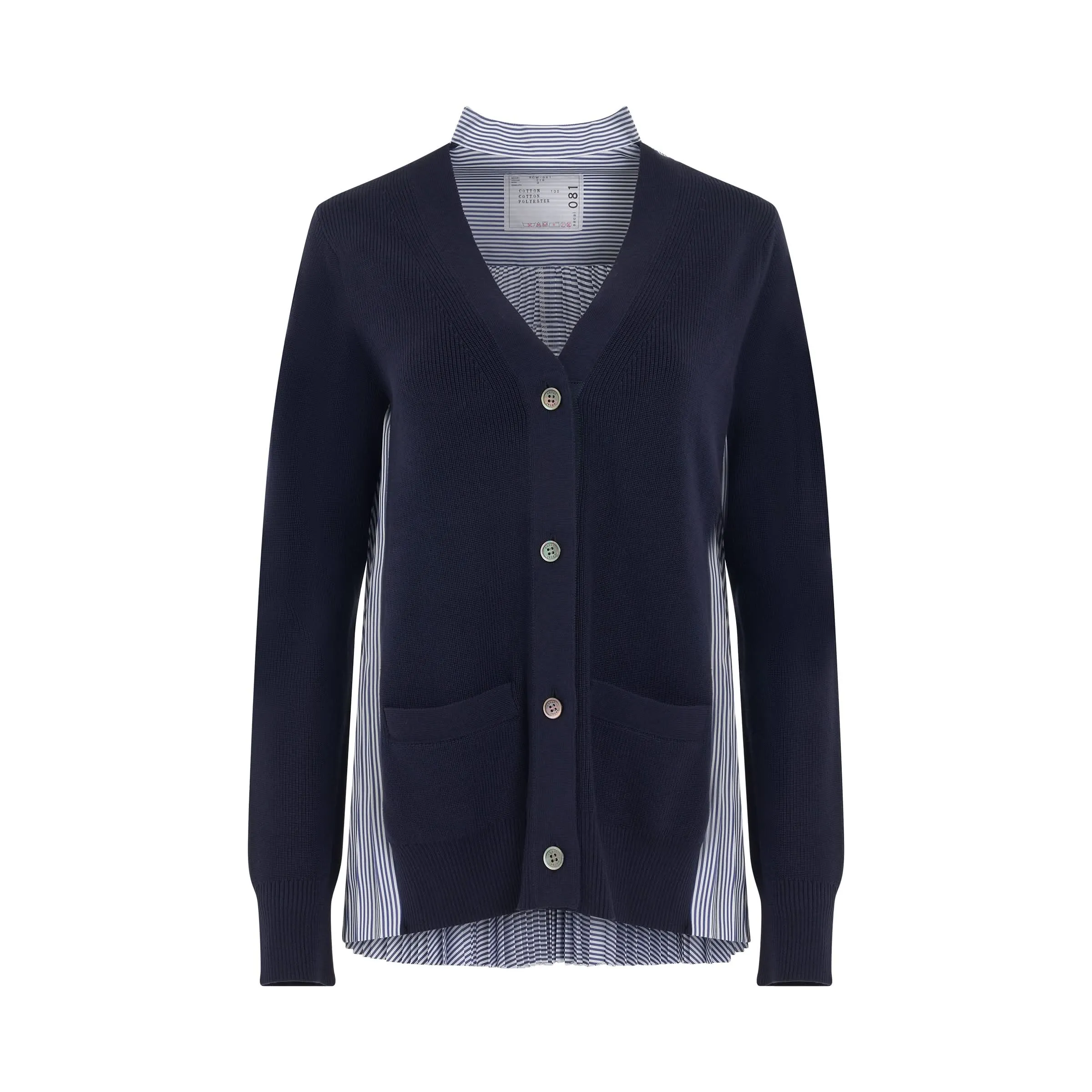 Pleated Panel Cotton Cardigan in Navy/Stripe