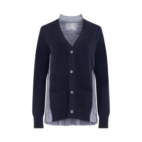 Pleated Panel Cotton Cardigan in Navy/Stripe