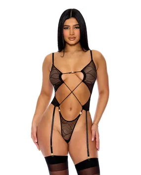 Pull My Strings Sheer Mesh Teddy with Garters & Faux Pearl Details