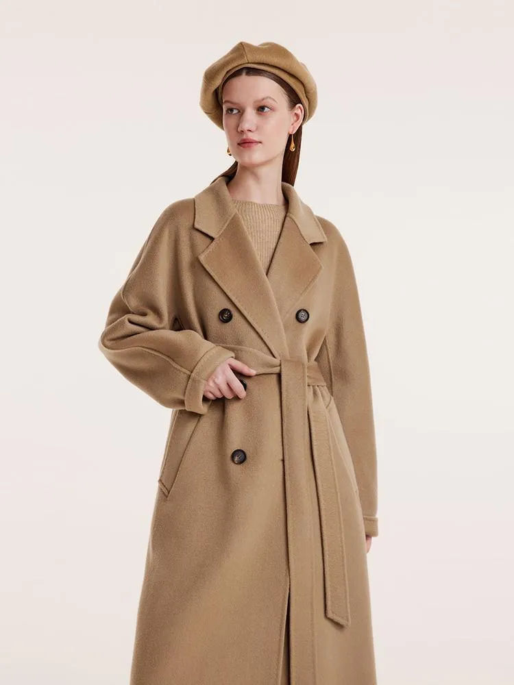 Pure Cashmere Double-Breasted Women Coat With Beret