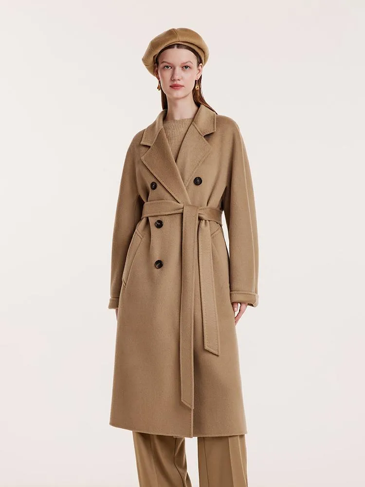 Pure Cashmere Double-Breasted Women Coat With Beret