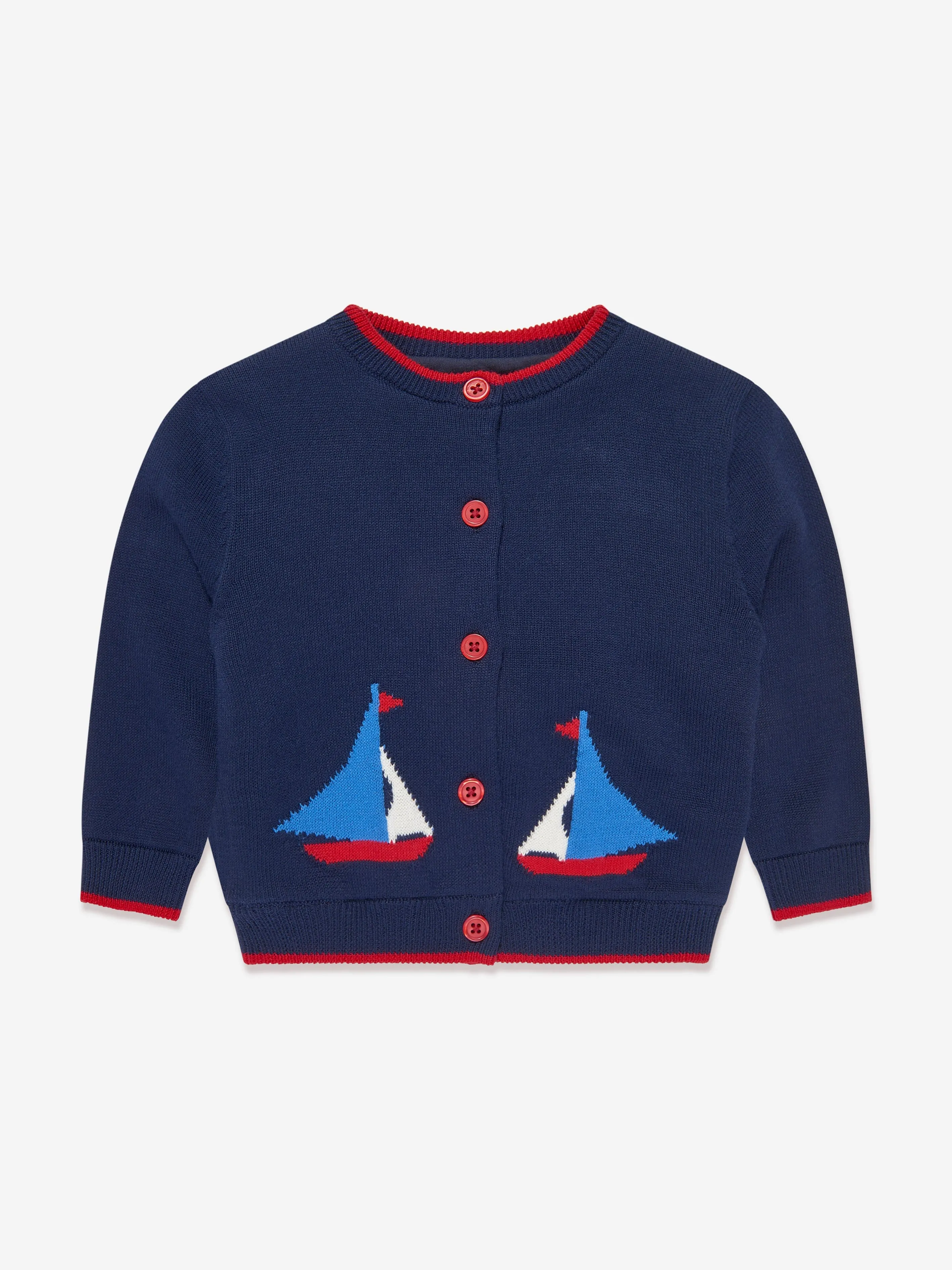 Rachel Riley Baby Sailboat Intarsia Cardigan in Navy