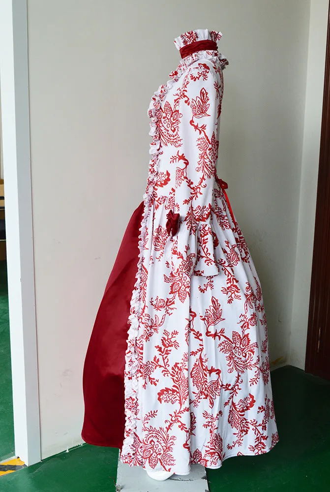 Red floral print square neck medieval court dress | Vintage trumpet sleeves large swing dress evening gowns