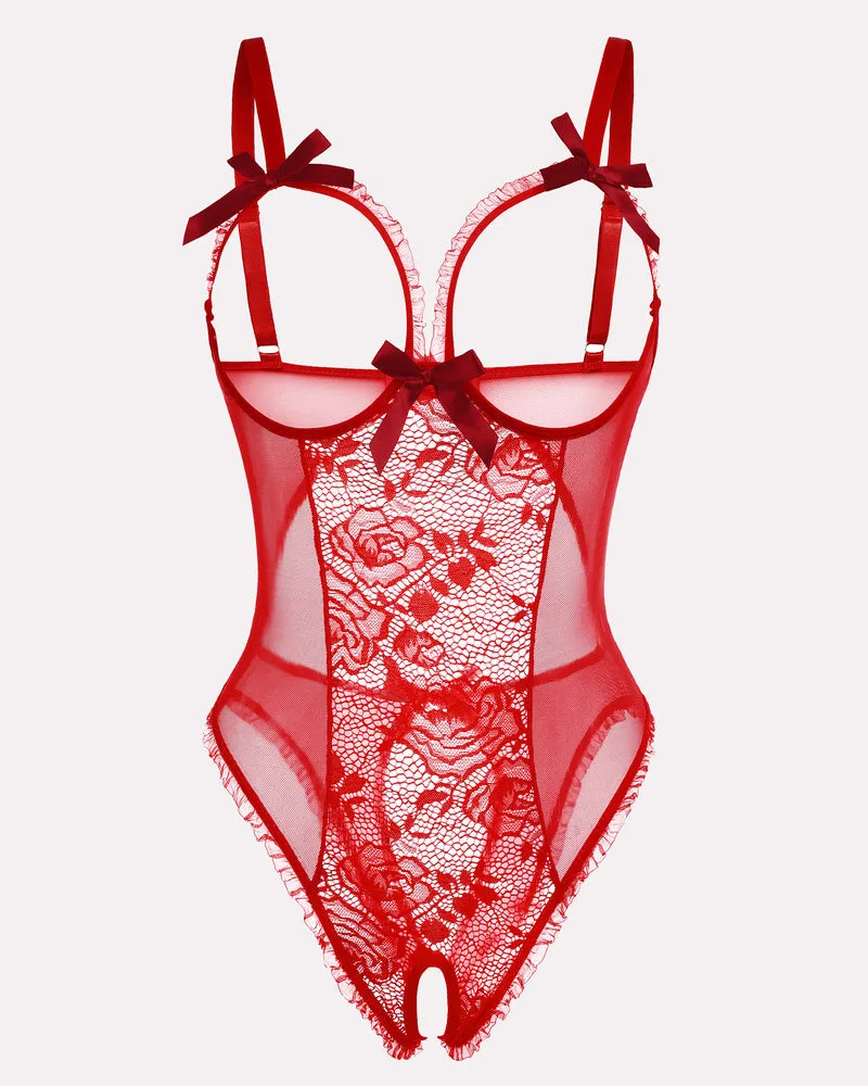 Red Heart Print Lace One Piece Mini Bodysuit