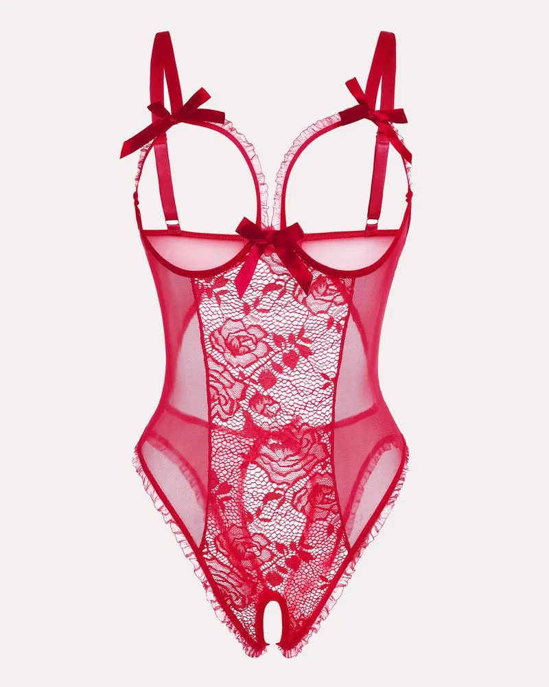 Red Heart Print Lace One Piece Mini Bodysuit