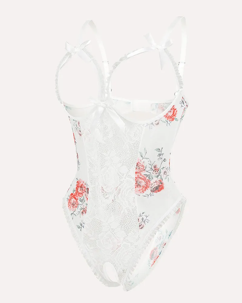 Red Heart Print Lace One Piece Mini Bodysuit