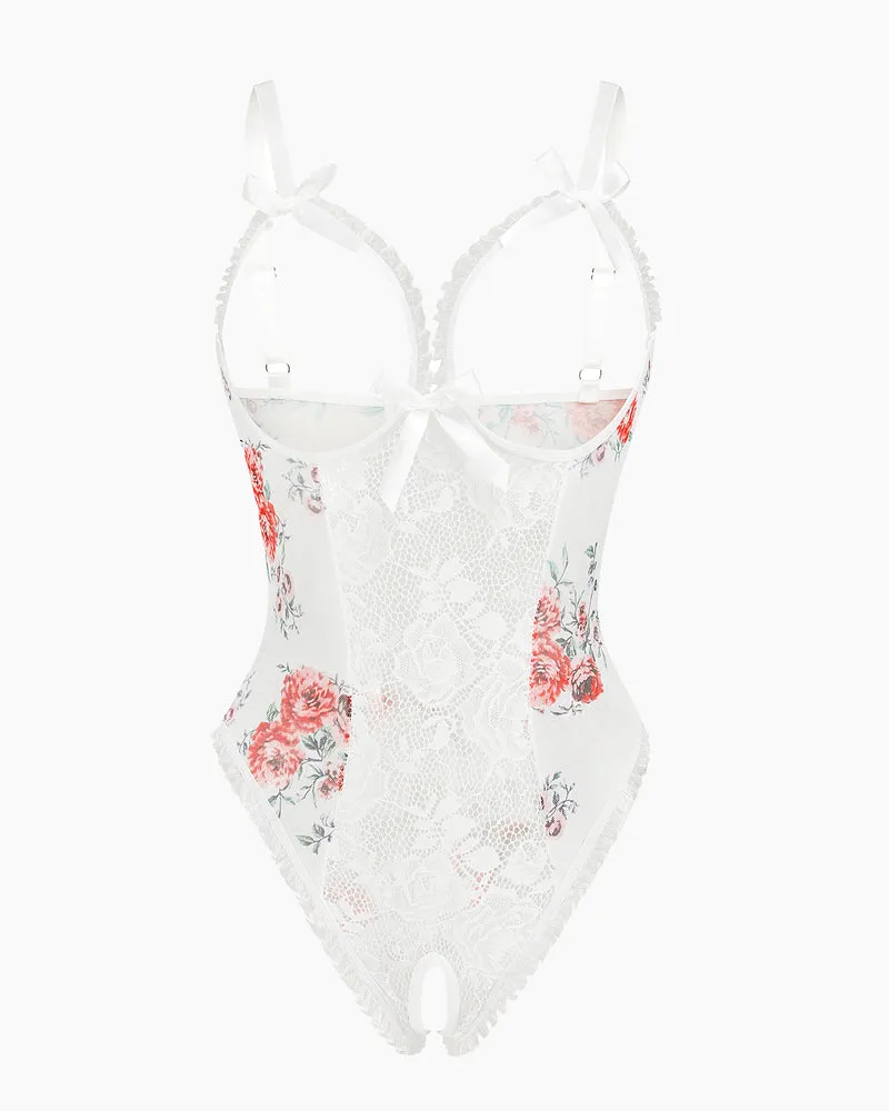 Red Heart Print Lace One Piece Mini Bodysuit