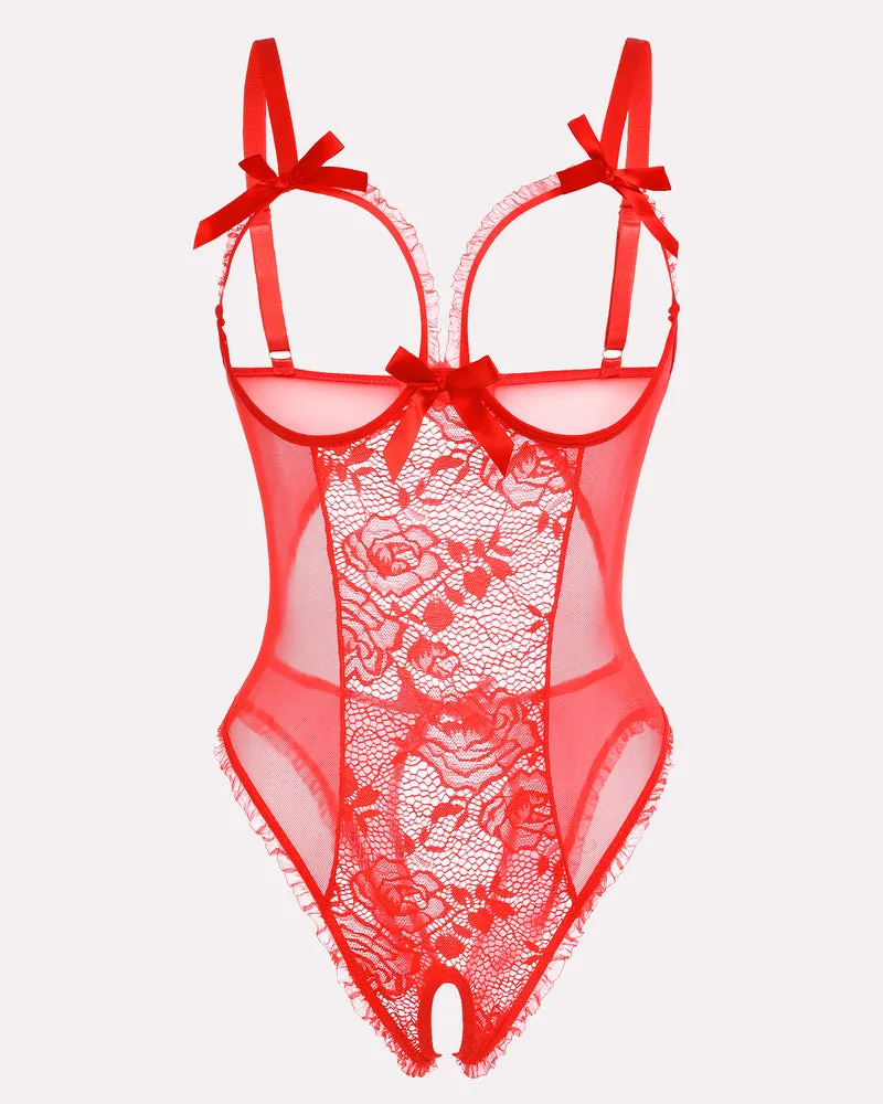 Red Heart Print Lace One Piece Mini Bodysuit