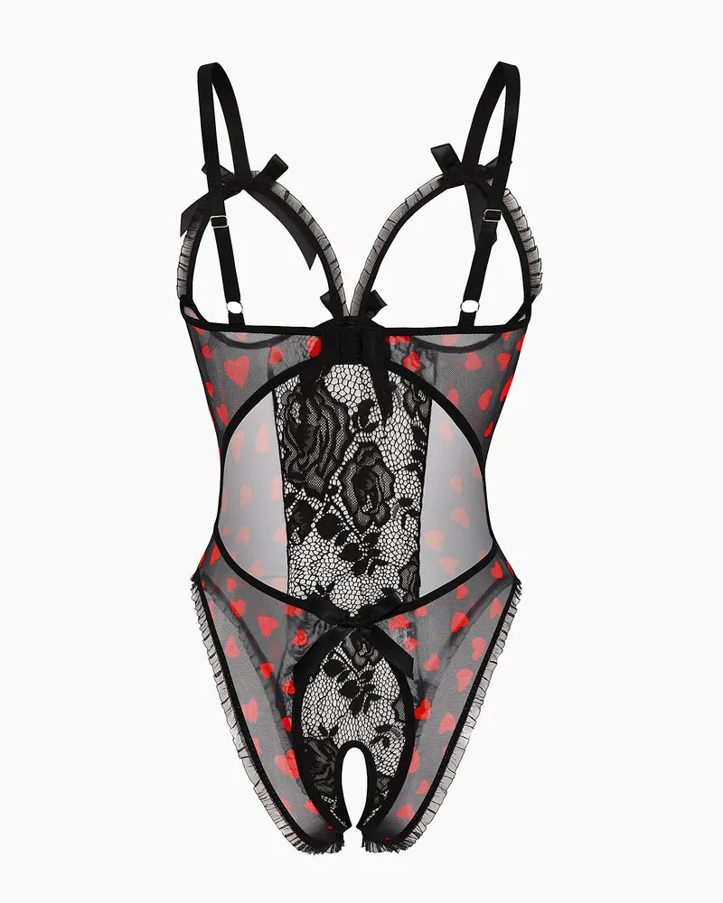 Red Heart Print Lace One Piece Mini Bodysuit