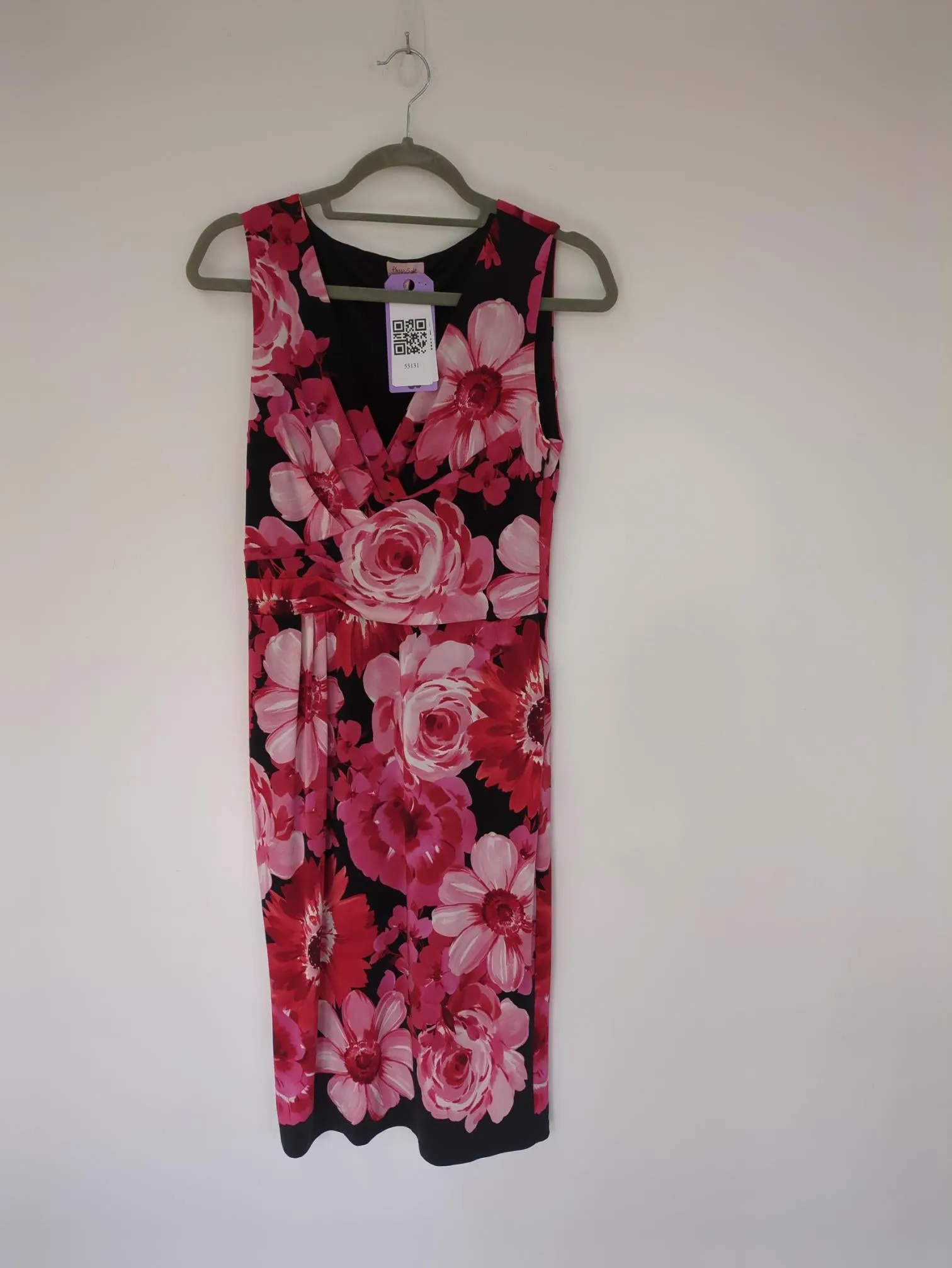 Red, pink and black floral wrap bodycon midi dress, Phase Eight, Size 12