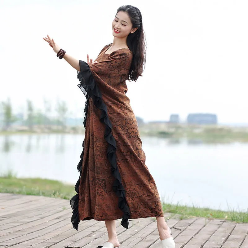 Retro Brown Cotton Bat Sleeve Maxi Dress for Women