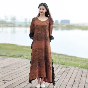 Retro Brown Cotton Bat Sleeve Maxi Dress for Women