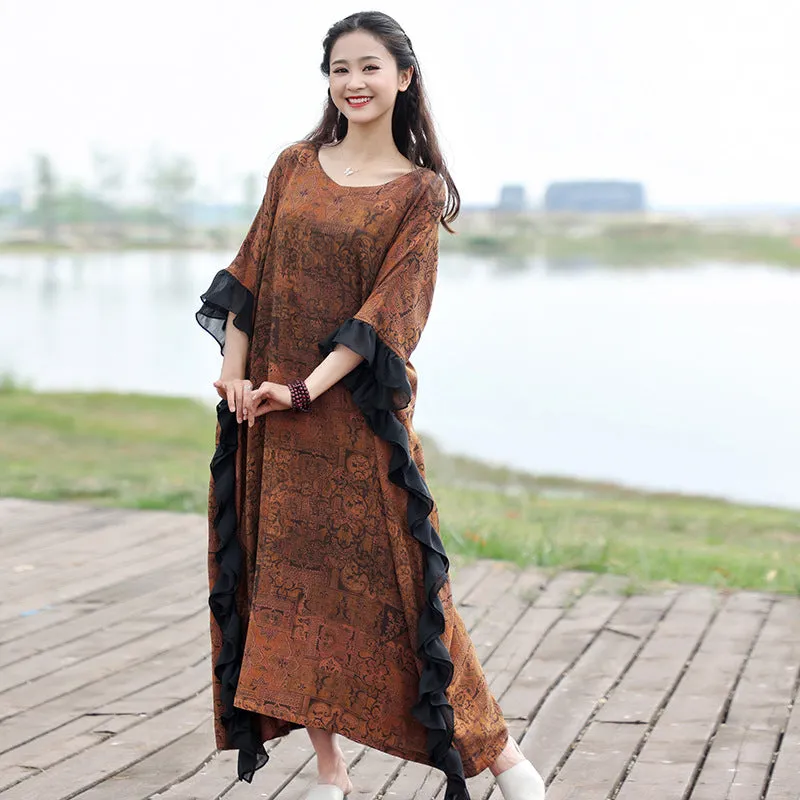 Retro Brown Cotton Bat Sleeve Maxi Dress for Women