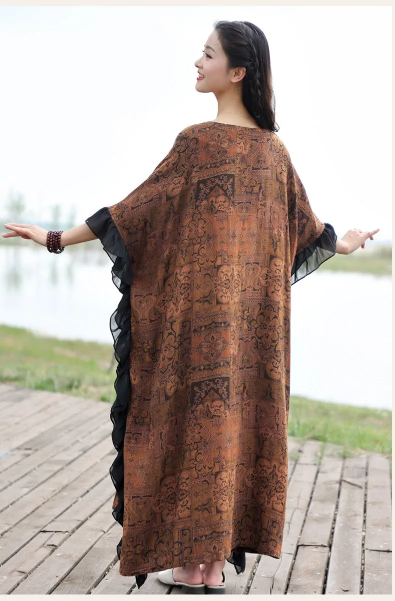 Retro Brown Cotton Bat Sleeve Maxi Dress for Women