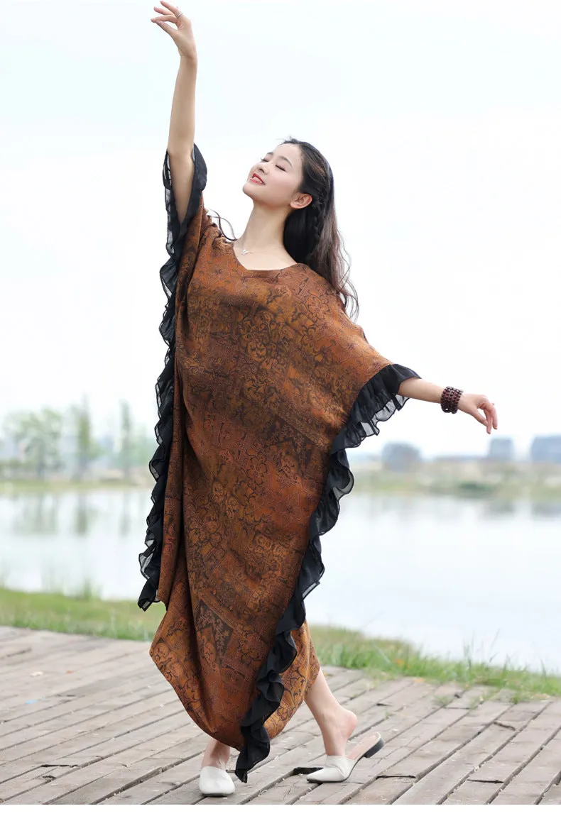 Retro Brown Cotton Bat Sleeve Maxi Dress for Women