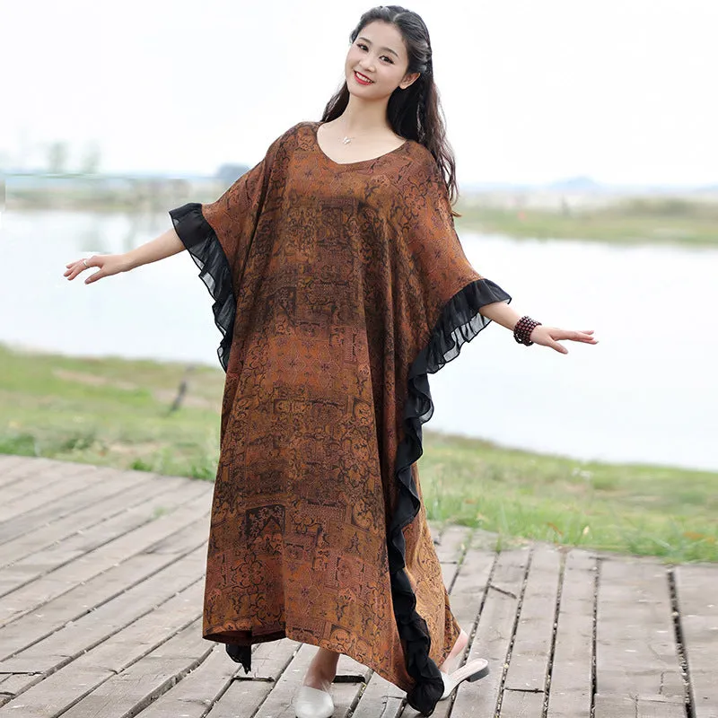 Retro Brown Cotton Bat Sleeve Maxi Dress for Women