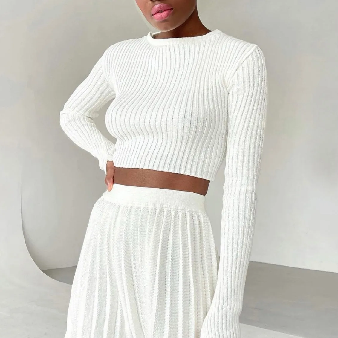 Ribbed Crop Top | Met Your Match White Ribbed Knit Crop Coord with Thumb holes