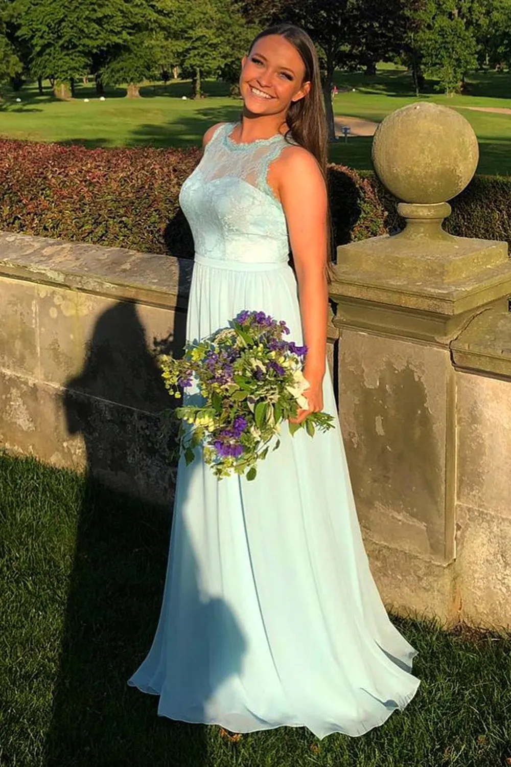 Round Neck Mint Green Lace Long Prom, Long Green Lace Formal, Green Evening