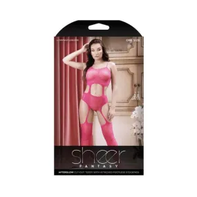 Sheer Afterglow Cutout Teddy With Attached Footless Stockings Berry Pink O/s