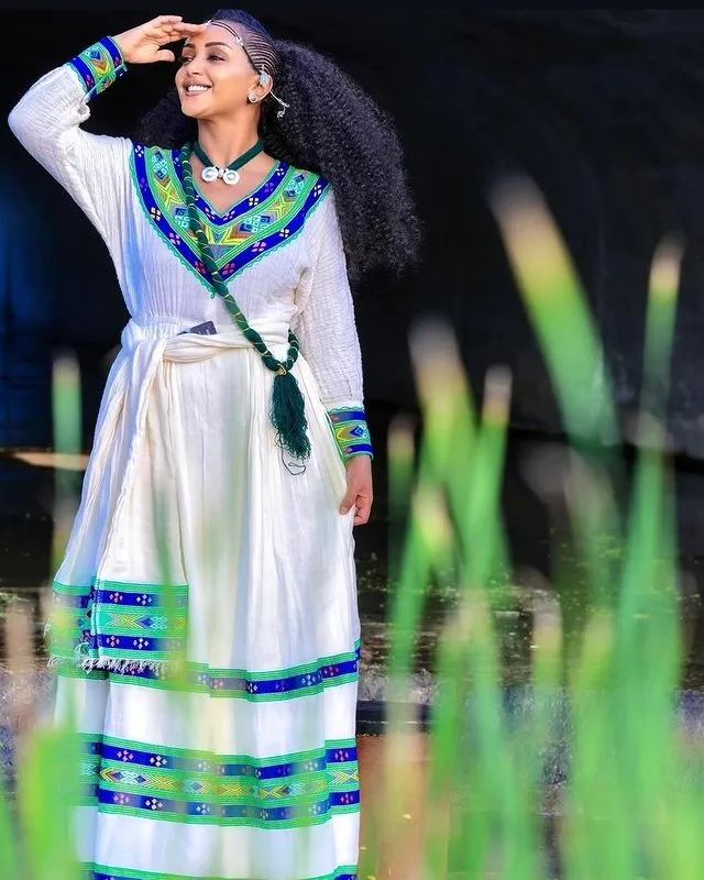 Simple Blue and Green Habesha Dress Ethiopian Traditional Habesha Kemis