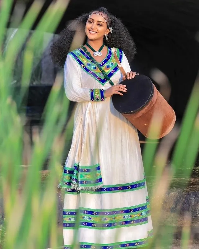 Simple Blue and Green Habesha Dress Ethiopian Traditional Habesha Kemis