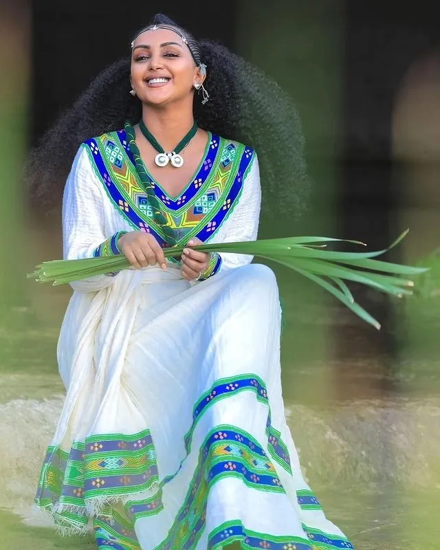 Simple Blue and Green Habesha Dress Ethiopian Traditional Habesha Kemis