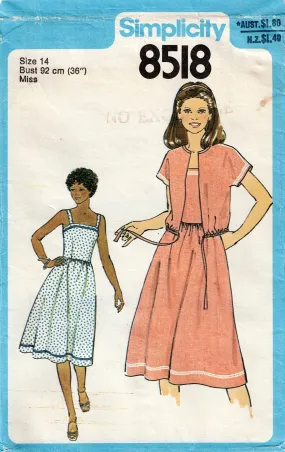 Simplicity 8518 Womens EASY Sundress & Tie Front Jacket 1970s Vintage Sewing Pattern Size 14 Bust 36 inches UNCUT Factory Folded