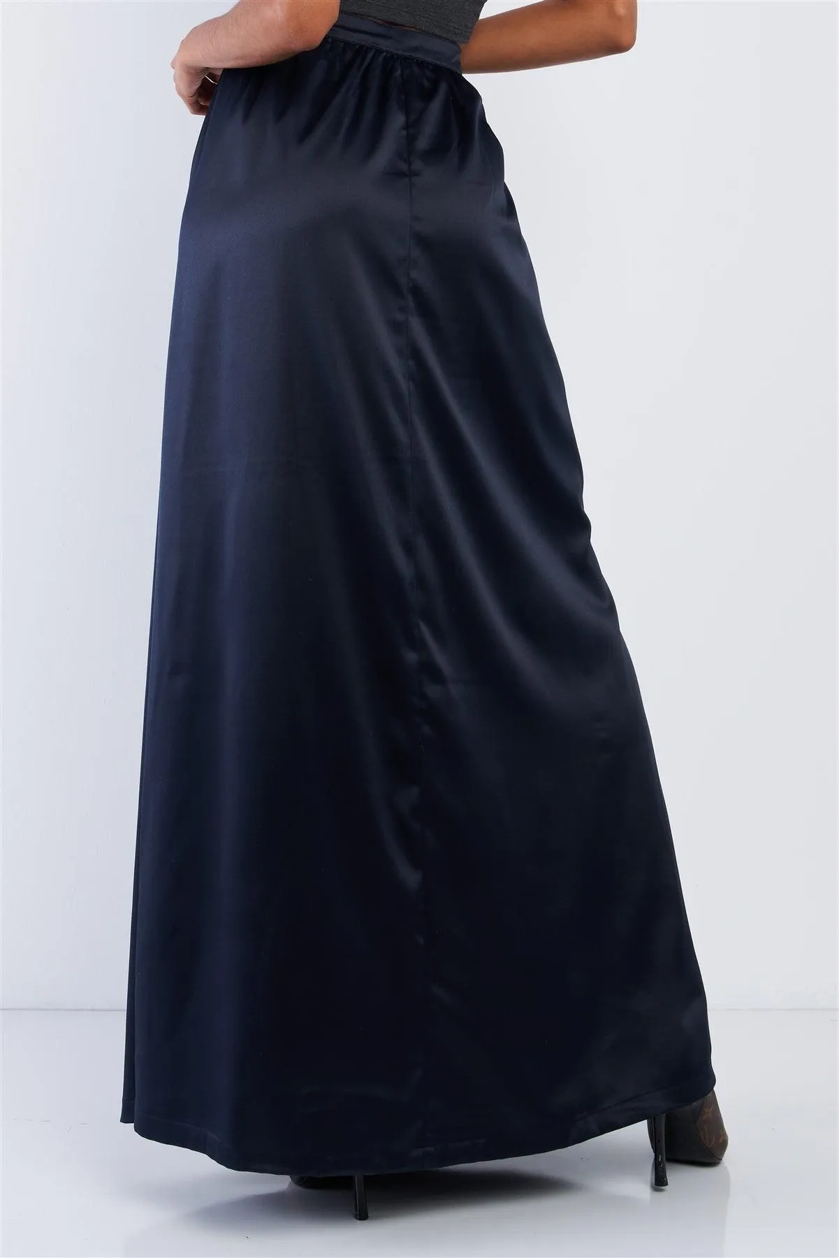 Solid Navy Blue Satin High Waist Flowing Maxi Skirt /1-2-2-1