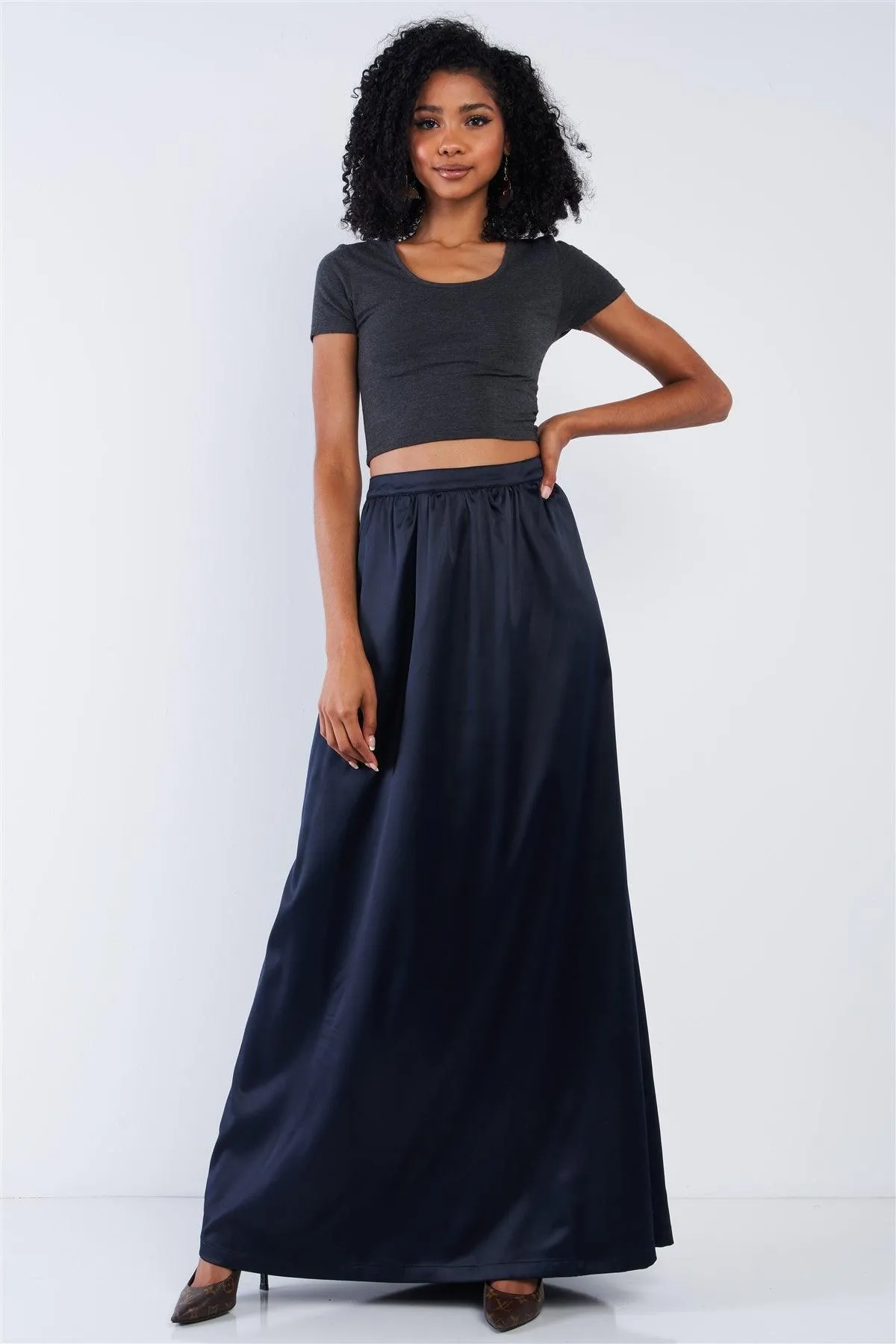 Solid Navy Blue Satin High Waist Flowing Maxi Skirt /1-2-2-1