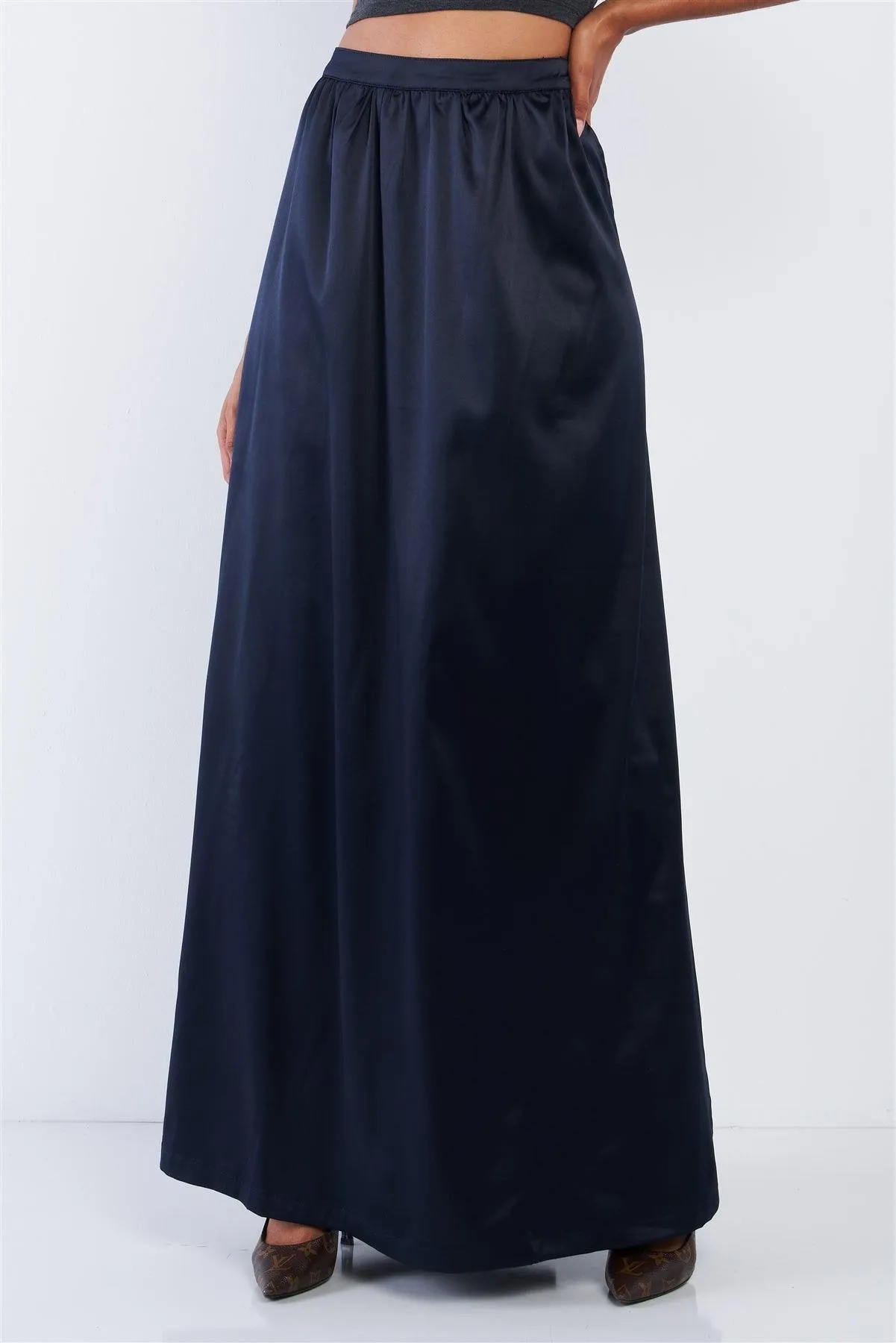 Solid Navy Blue Satin High Waist Flowing Maxi Skirt /1-2-2-1