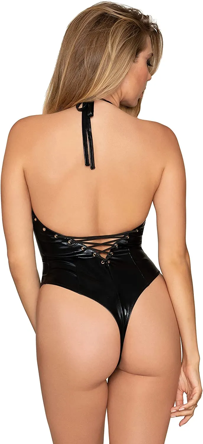 Stretch Faux-Leather Halter Teddy with Gold Metal Grommet & Lace-Up Detail