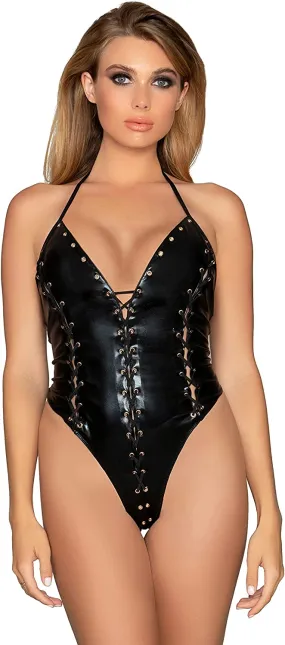 Stretch Faux-Leather Halter Teddy with Gold Metal Grommet & Lace-Up Detail