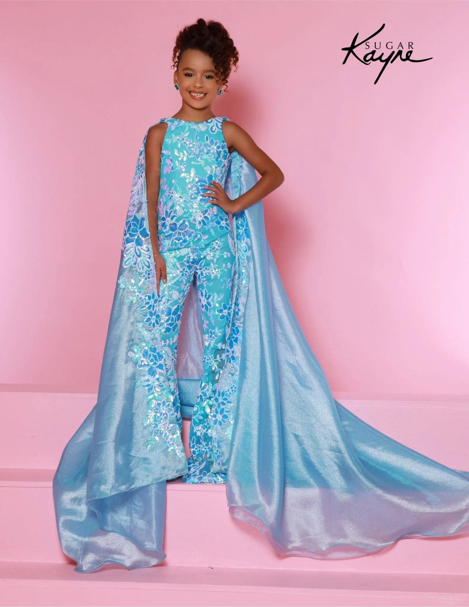 Sugar Kayne C337  Girls Pageant Jumpsuit Sequin Mesh and Shimmer Organza  Cape Fun Fashion