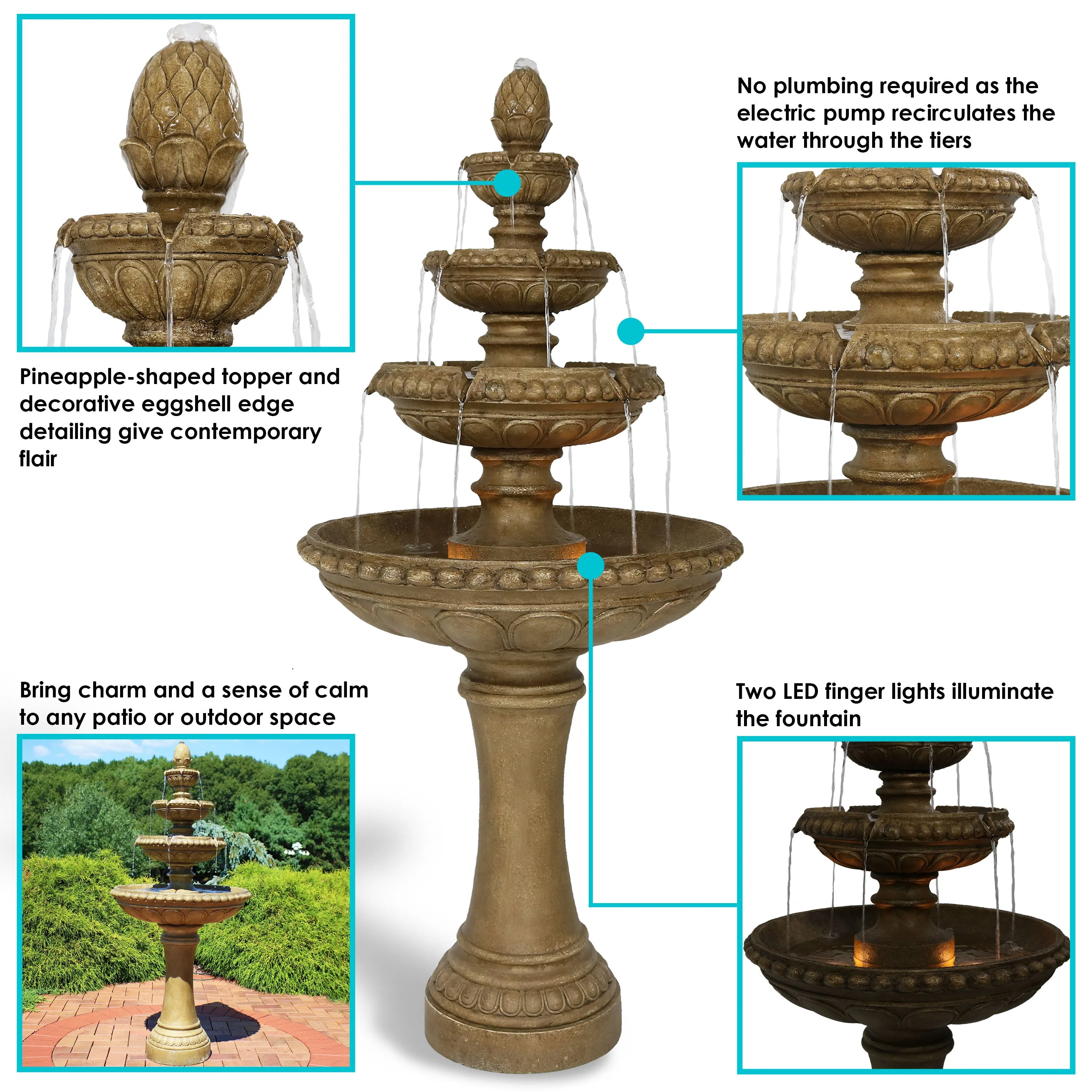 Sunnydaze Large 4-Tier Eggshell Outdoor Fountain with LED Lights - 65"