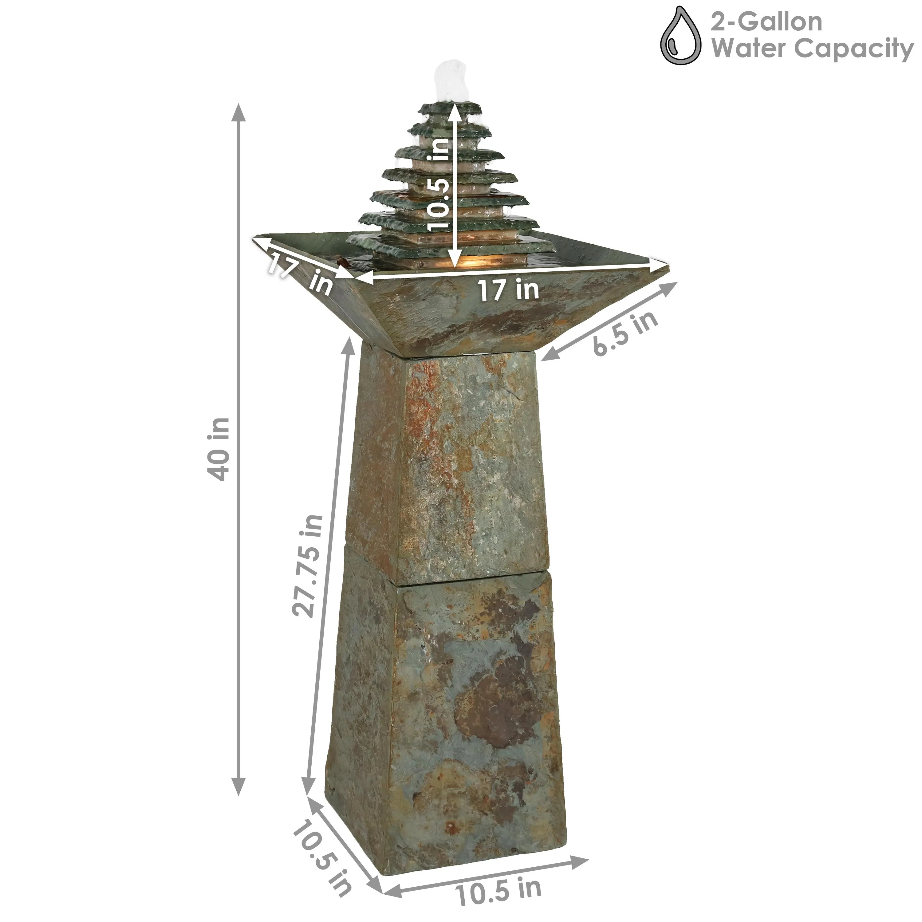 Sunnydaze Layered Pyramid Slate Outdoor Fountain with LED Light - 40"