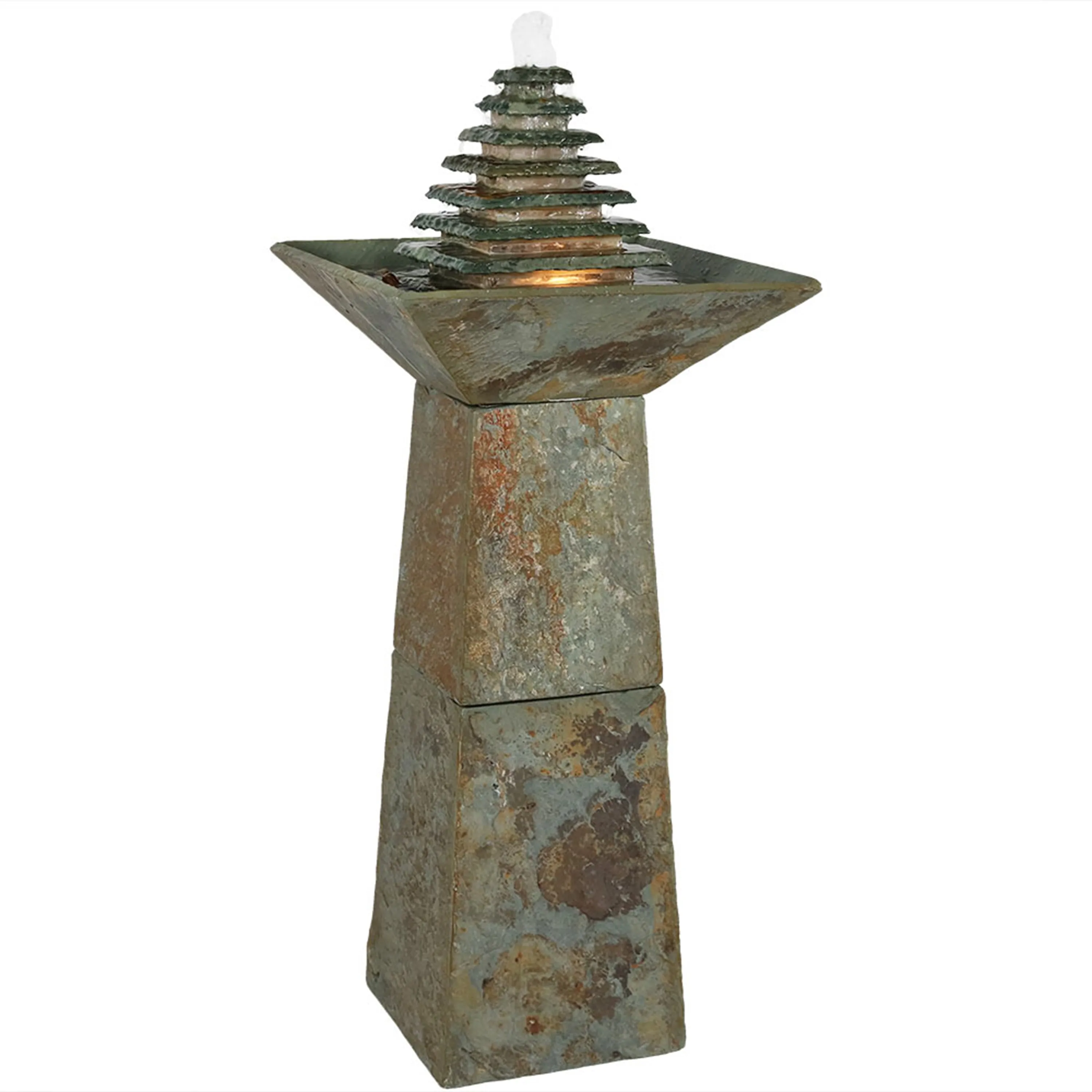 Sunnydaze Layered Pyramid Slate Outdoor Fountain with LED Light - 40"